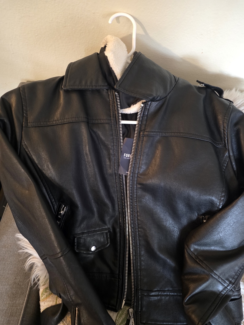 Unisex Black Faux Leather Jacket with Shearling Collar